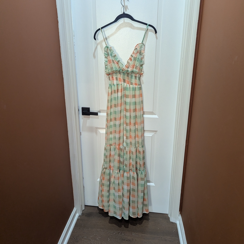 Elegant Checkered Maxi Dress in Green and Orange